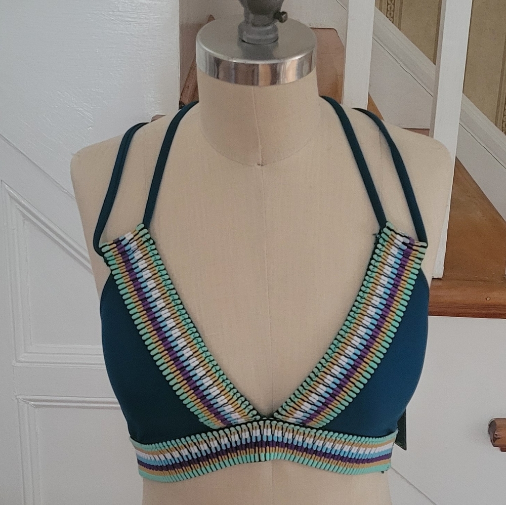 BLOOMING JELLY Teal Strappy Bikini Top with Multicolor Trim Size Small Brand New